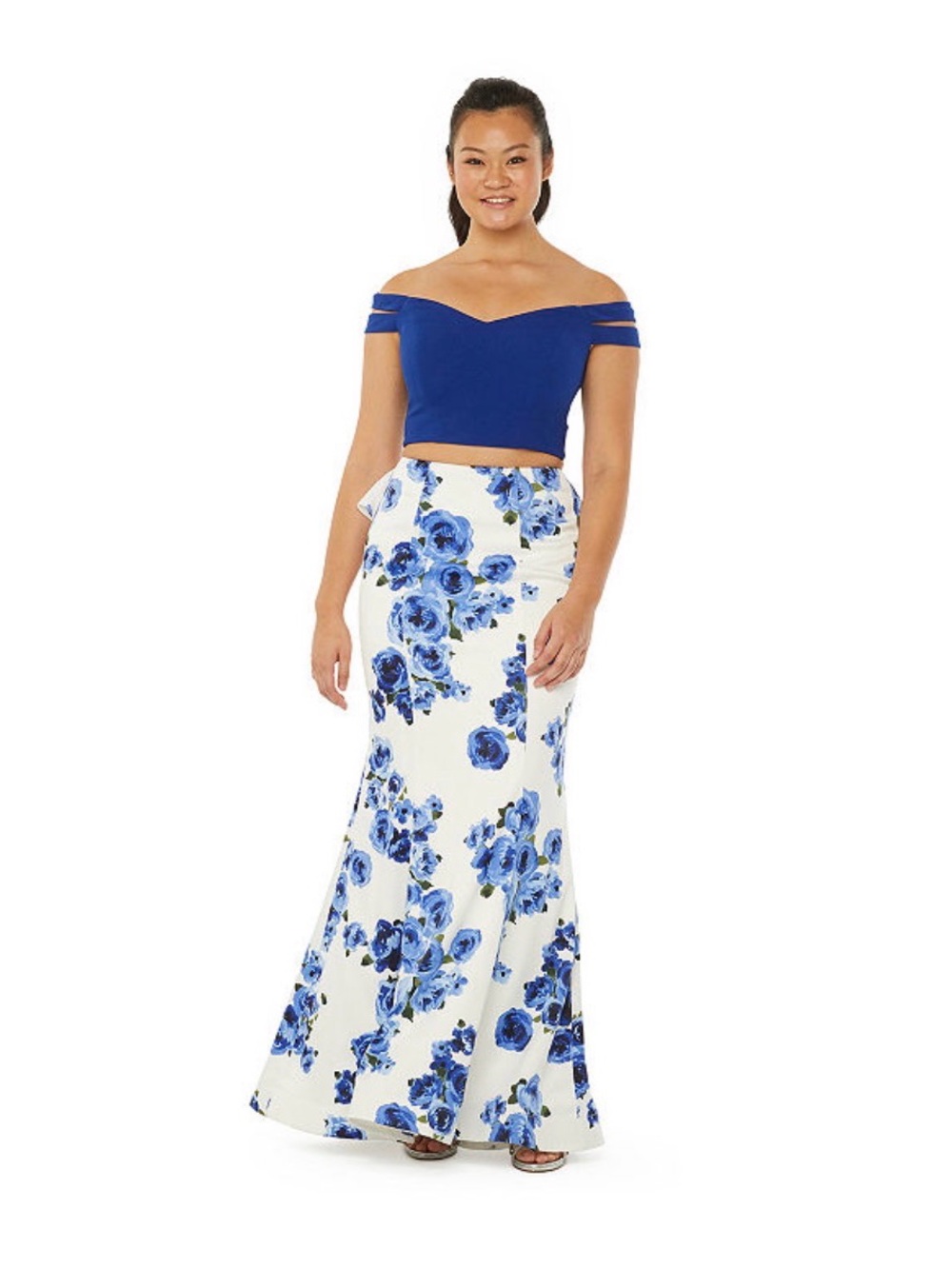 Off-Shoulder Royal Blue Crop Top with White & Blue Floral Maxi Skirt